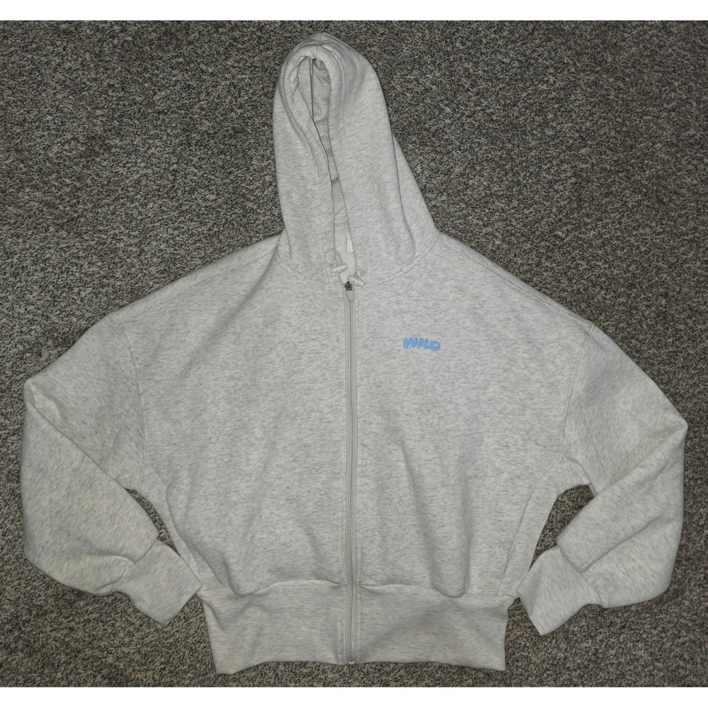 Wilo The Label Wellness Club Cropped Zip Up Hoodie Heather Gray Blue Puff Print